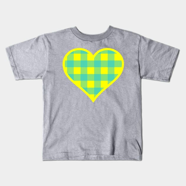 Yellow and Blue Buffalo Plaid Heart Kids T-Shirt by bumblefuzzies